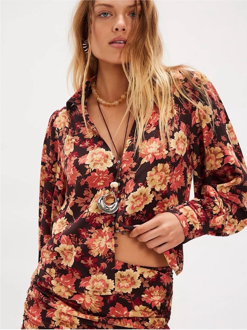 Free People Elodie Floral Button-Front Blouse Boho Long Sleeve V-Neck Top XS